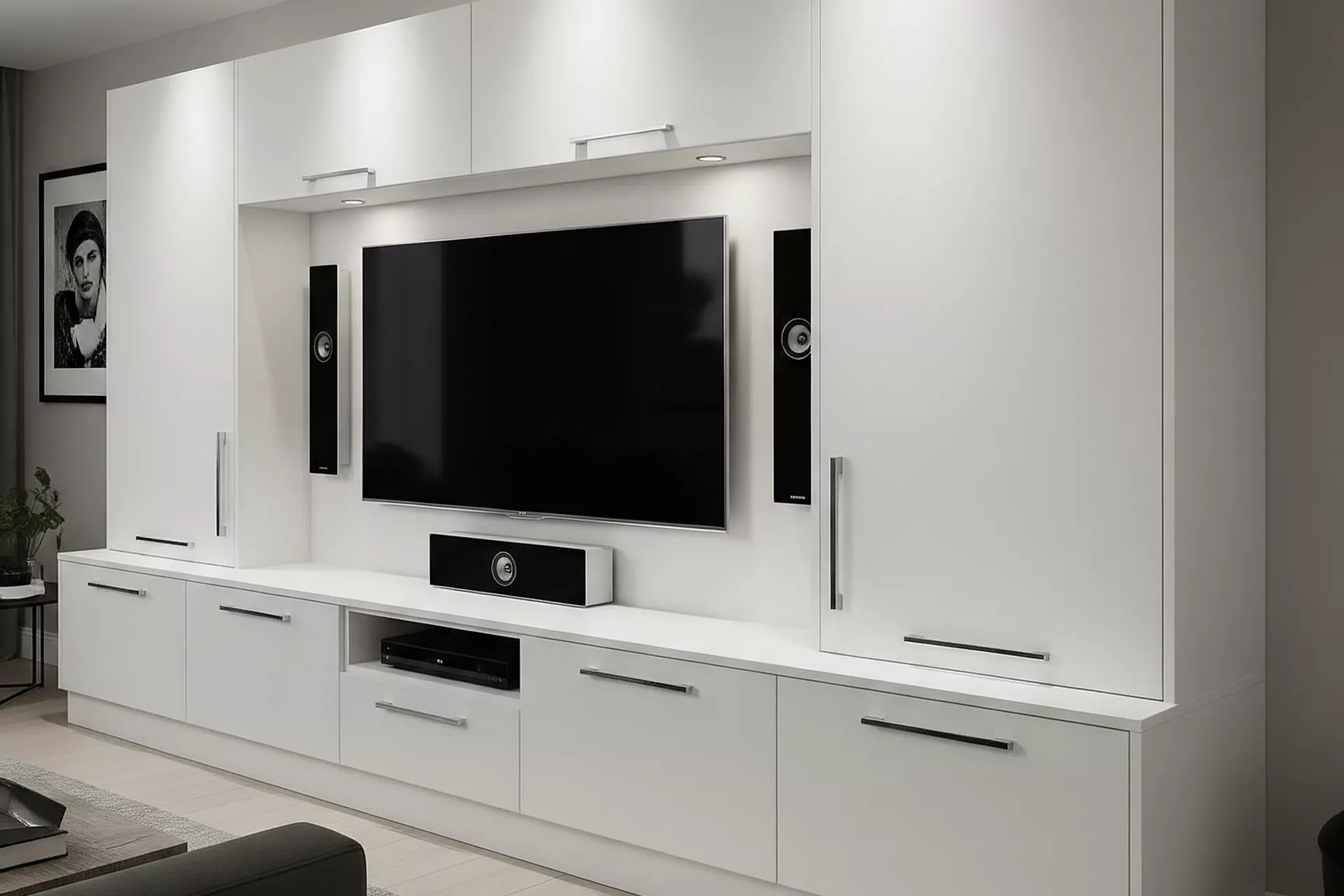 White media wall with integrated fire and storage